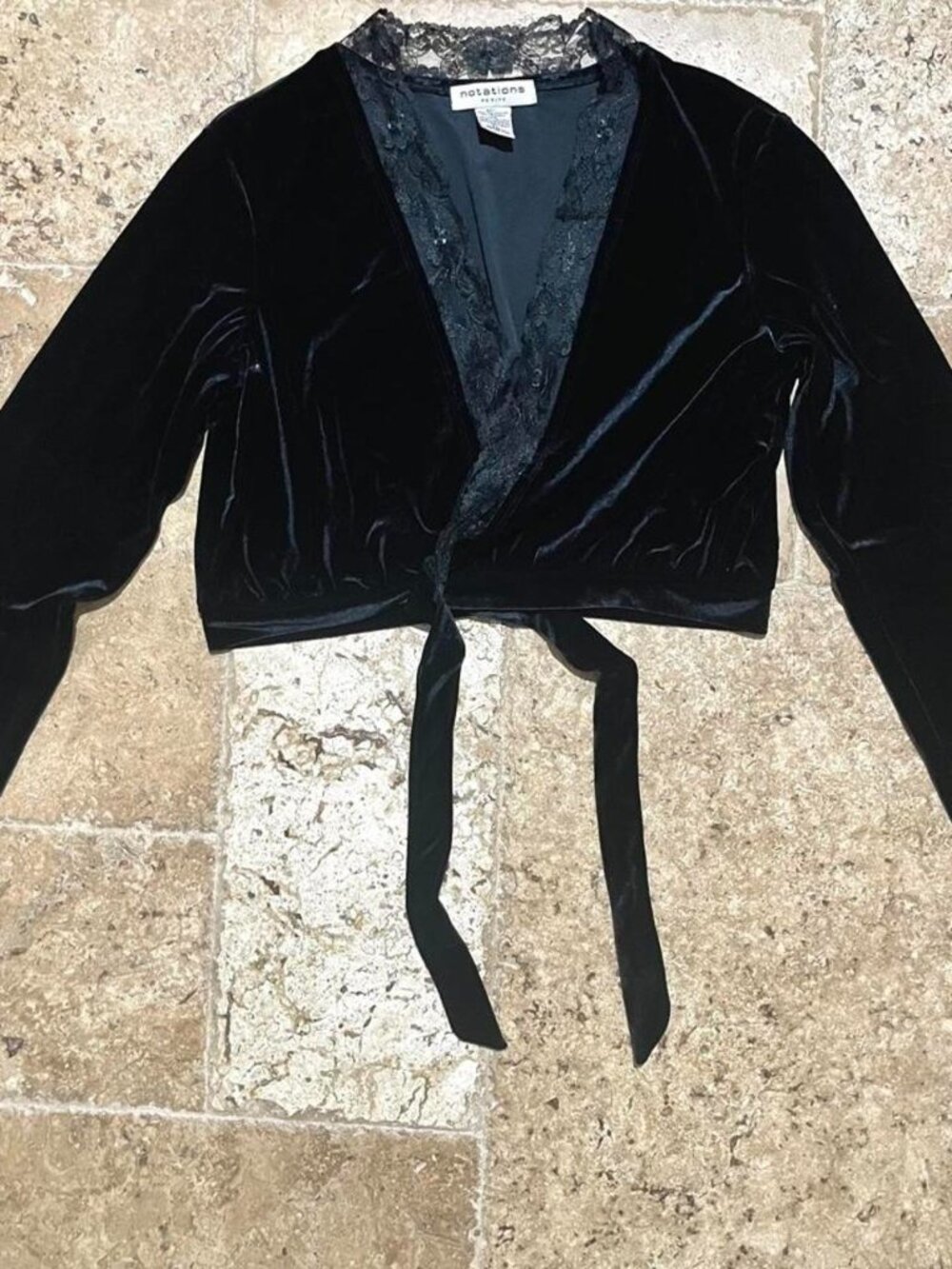 Notations Petite Black Velvet Lace Wrap Top Y2K